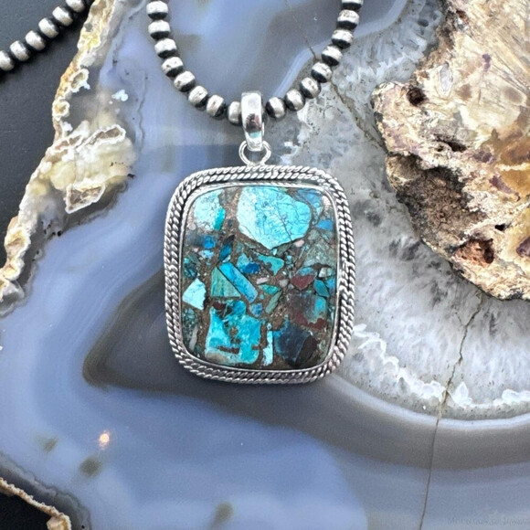 Sterling Southwestern Style Large Square Cooper Turquoise Pendant For Women - Picture 2 of 10